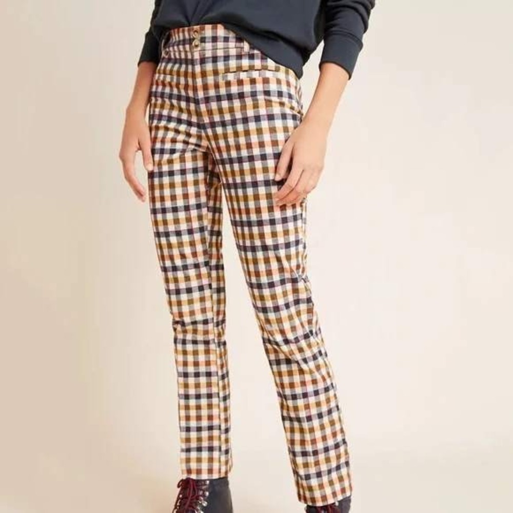 Anthropologie‎ The Essential Collection Trouser Women 0 Tan Plaid Corduroy Pants